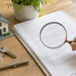 Buyer reviewing a real estate agreement with magnifying glass