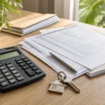 Calculator, tax documents, and house keys for a Florida sale