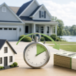 Illustration of a Bartram Park home, clock, and cash representing a faster home sale