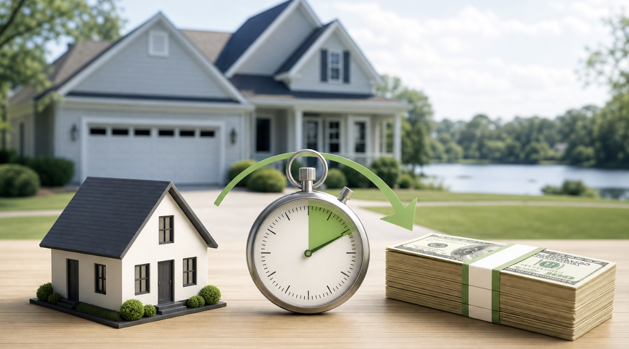 Illustration of a Bartram Park home, clock, and cash representing a faster home sale