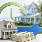 Nassau County house beside a clock, cash, and sale arrow