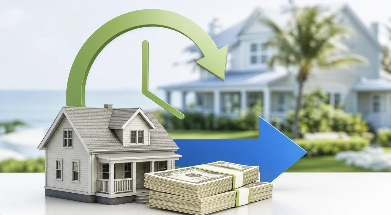Nassau County house beside a clock, cash, and sale arrow