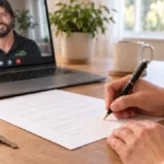 Jacksonville homeowner signing remote closing documents during a video call with Synergy