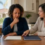Florida homeowner comparing short sale and foreclosure information with a housing counselor