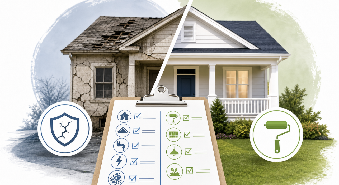 Illustration comparing structural home damage with cosmetic repairs for Jacksonville sellers