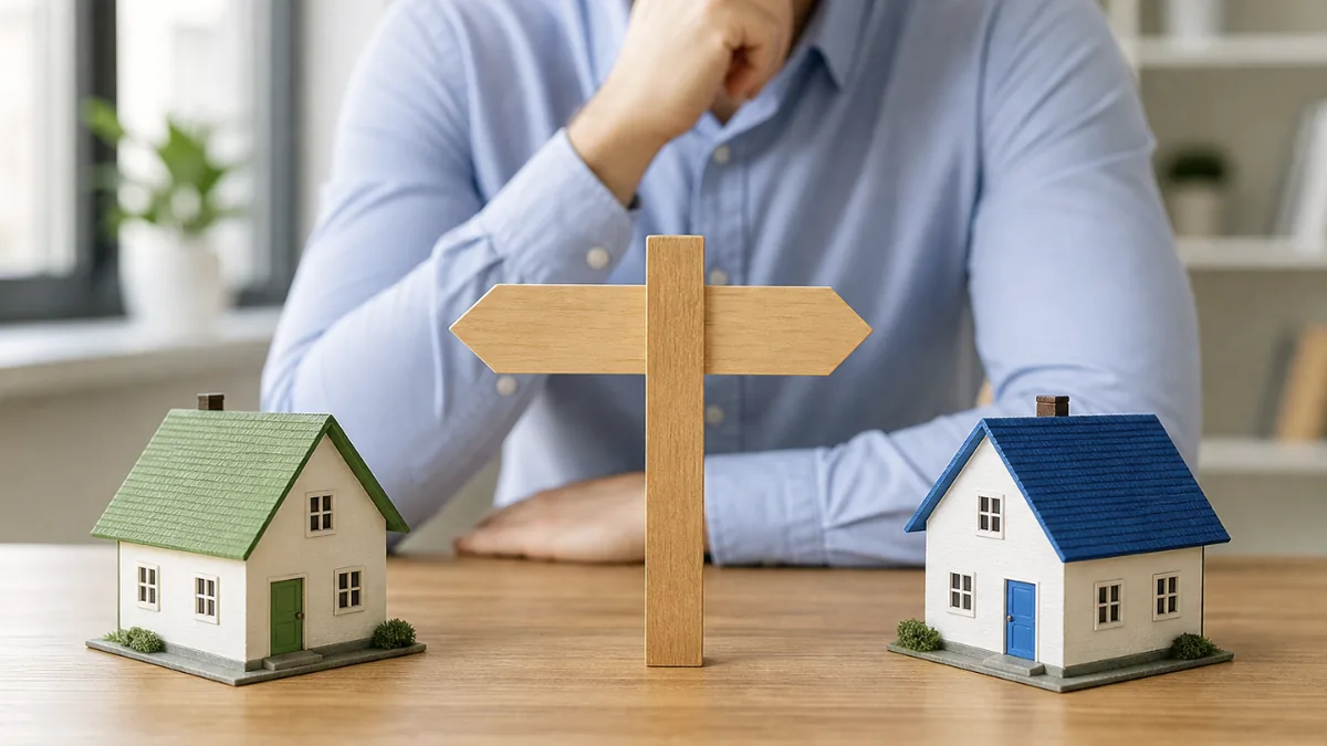 Two model homes separated by a signpost representing different home-buying companies