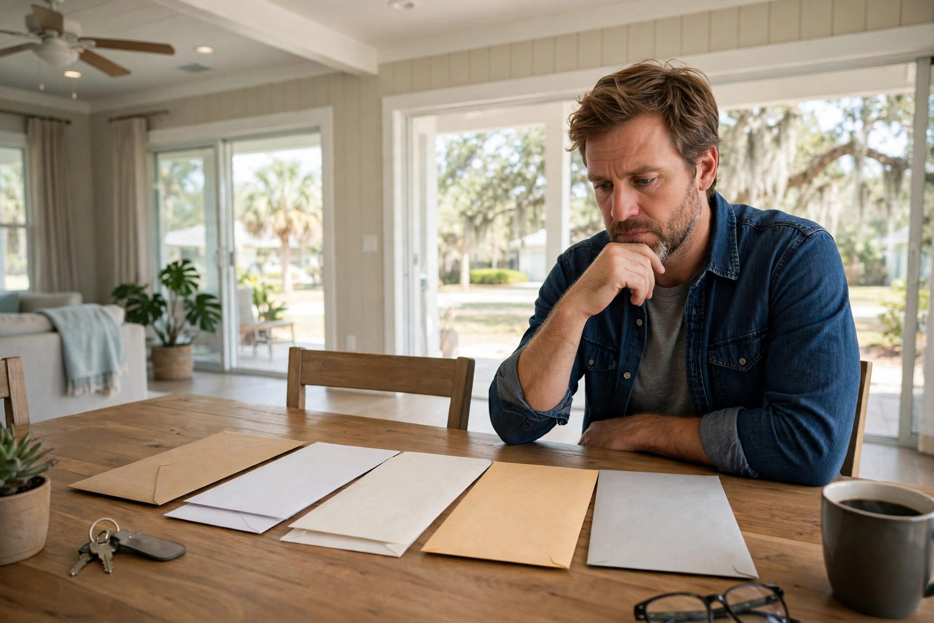 A Jacksonville homeowner comparing offer envelopes from different cash buyers side by side at a dining table