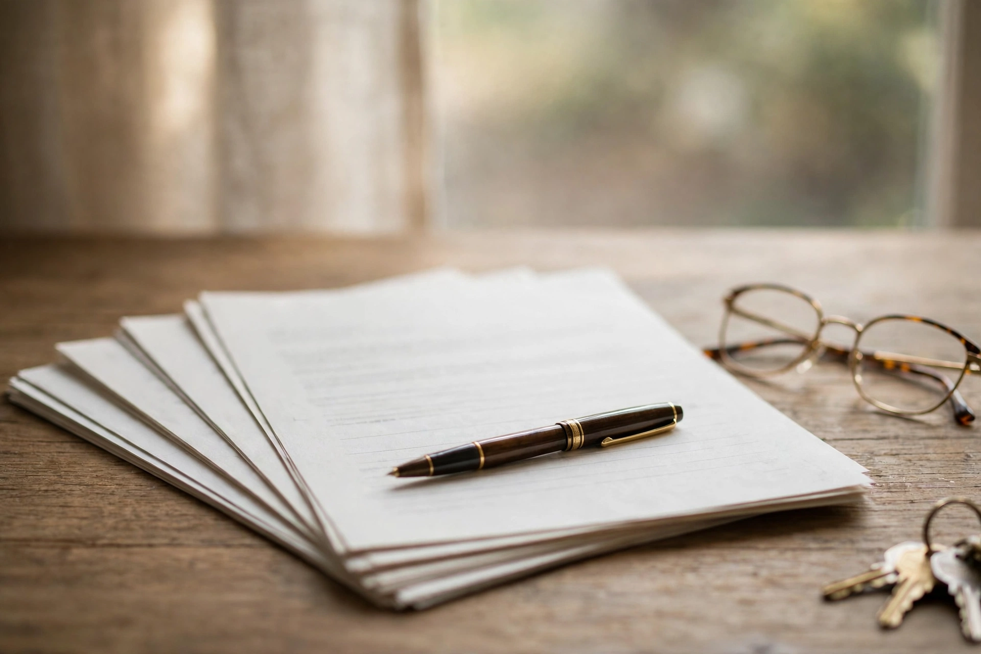 A purchase contract, pen, reading glasses, and house keys on a wooden table in soft window light.