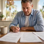 A Florida homeowner comparing cash offers for their house at a kitchen table