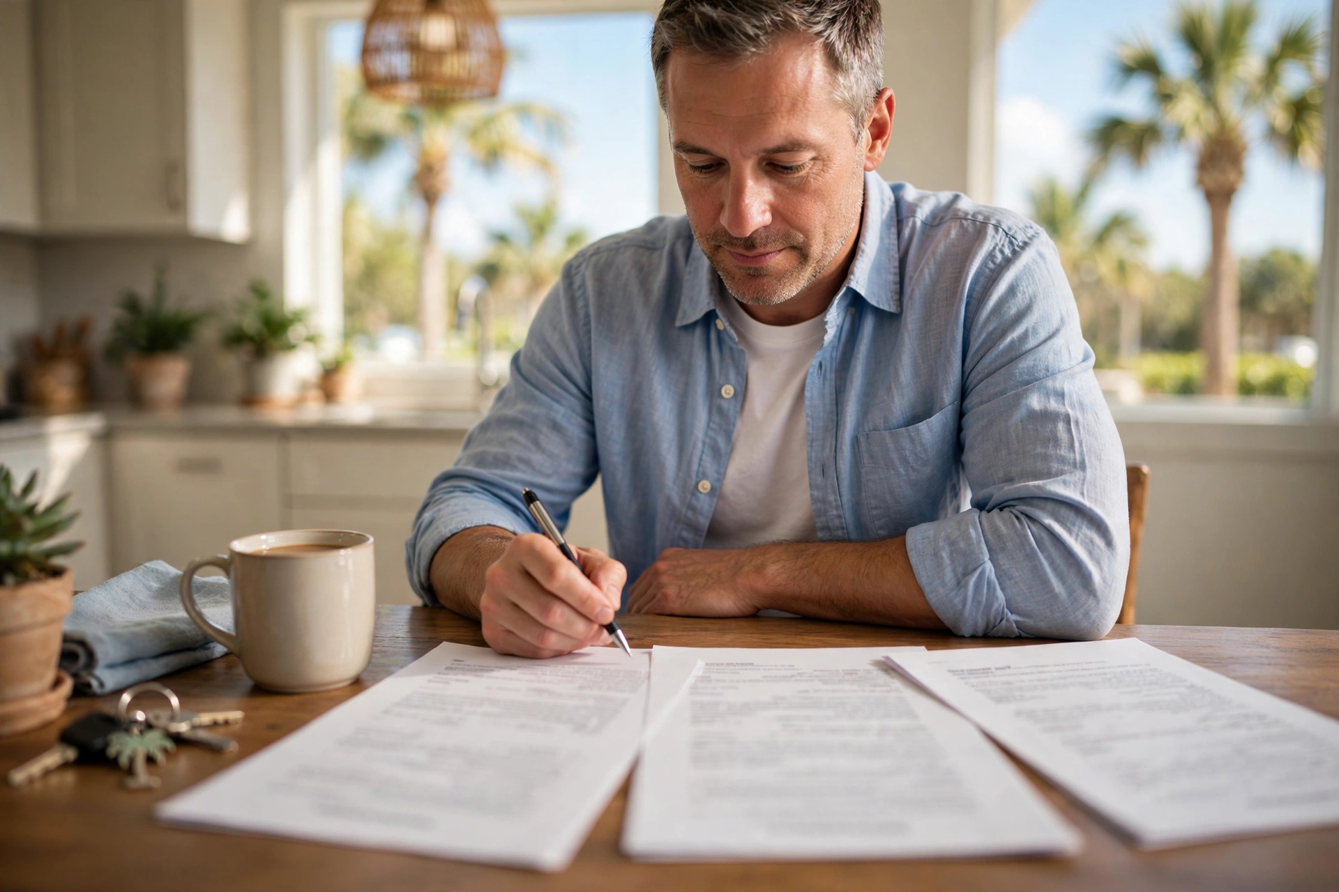 A Florida homeowner comparing cash offers for their house at a kitchen table