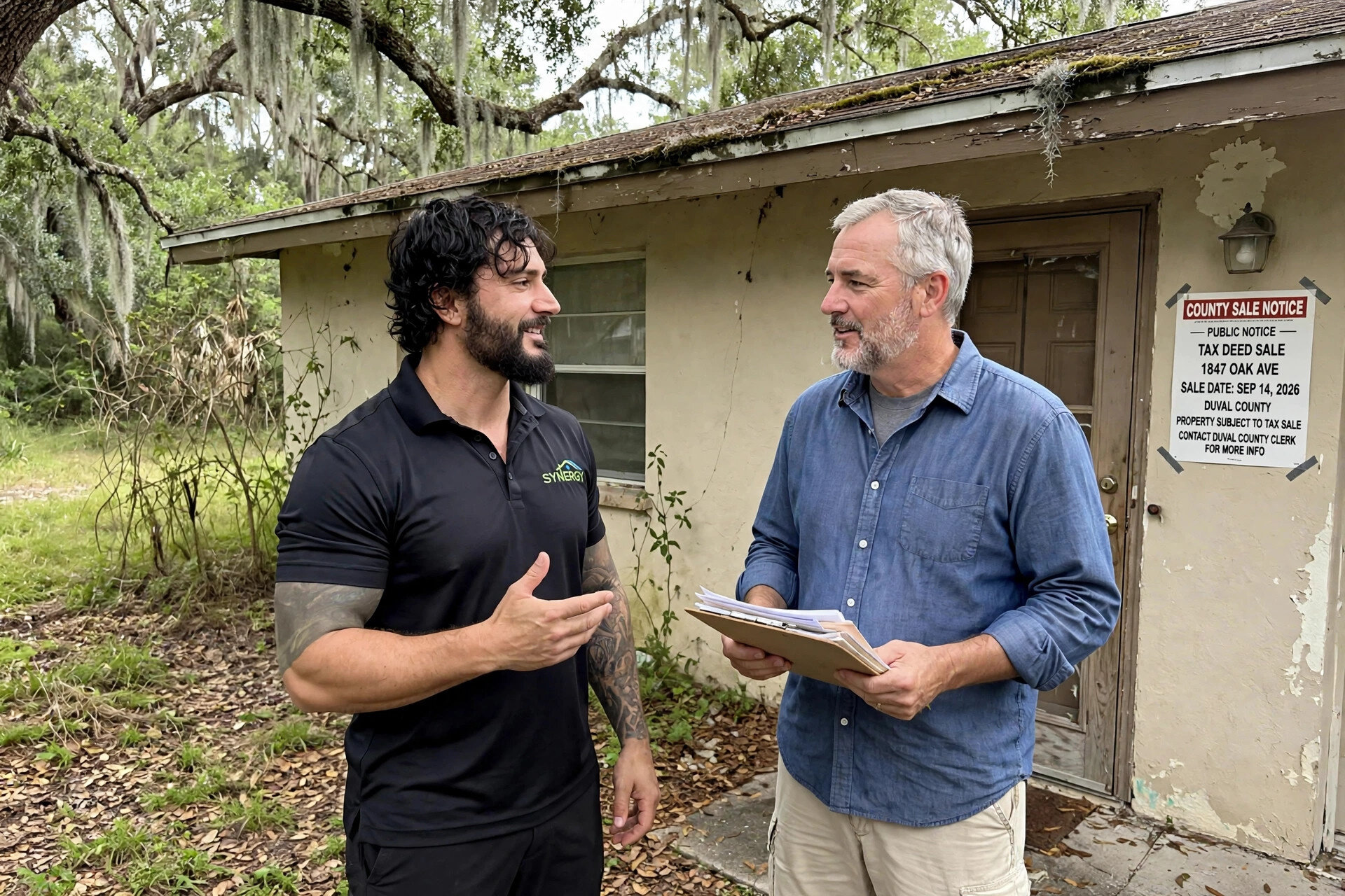 A Jacksonville homeowner talking with Jesse Wyatt of Synergy Buys Houses in front of a Florida home with a county sale notice posted by the door
