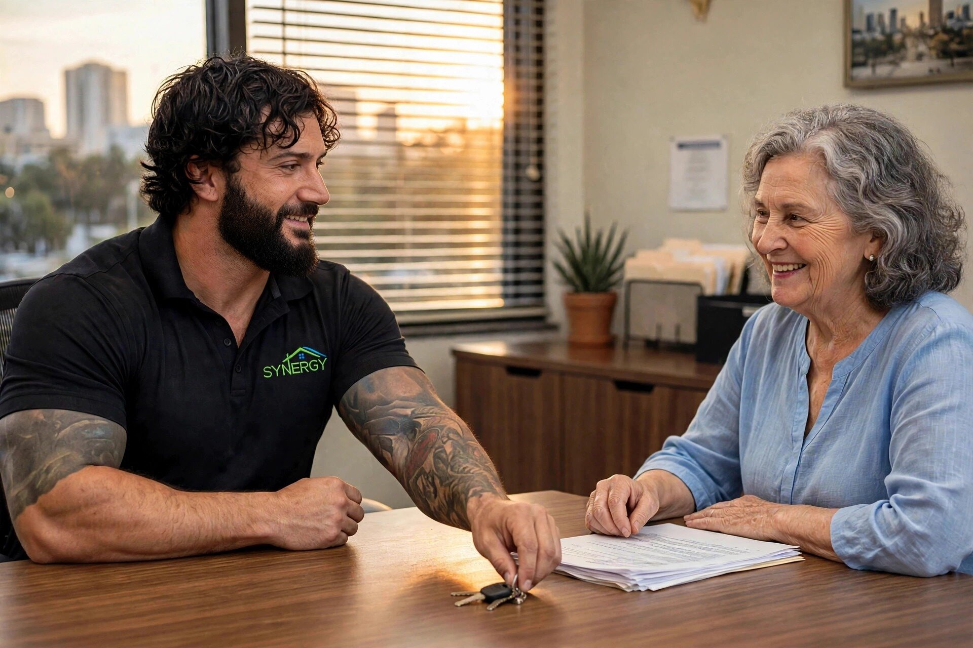 Jesse Wyatt handing the keys across the closing table to a Jacksonville home seller