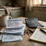Mortgage statement and bills on a kitchen table