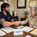 Jesse Wyatt shaking hands with a personal representative across closing paperwork at a Jacksonville title company