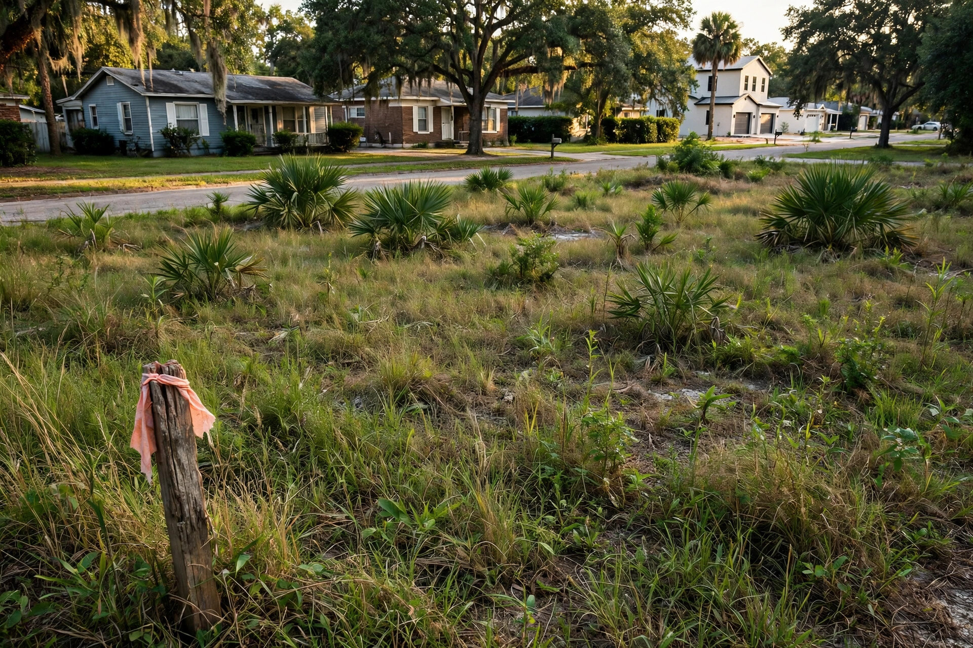 A vacant, slightly overgrown lot on a Jacksonville residential street, with a survey stake near the corner
