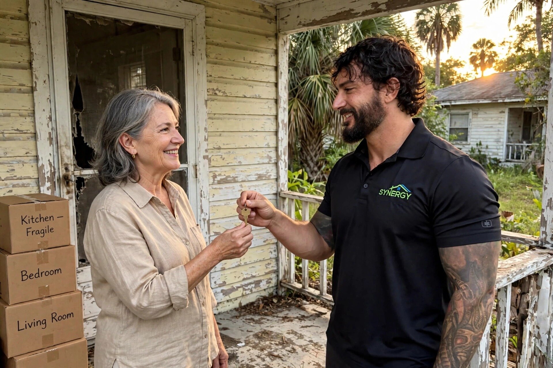 Jesse Wyatt handing a seller her house keys back at the front door, with moving boxes stacked beside her