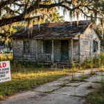 A distressed Jacksonville house with peeling paint and an overgrown yard under a live oak with Spanish moss
