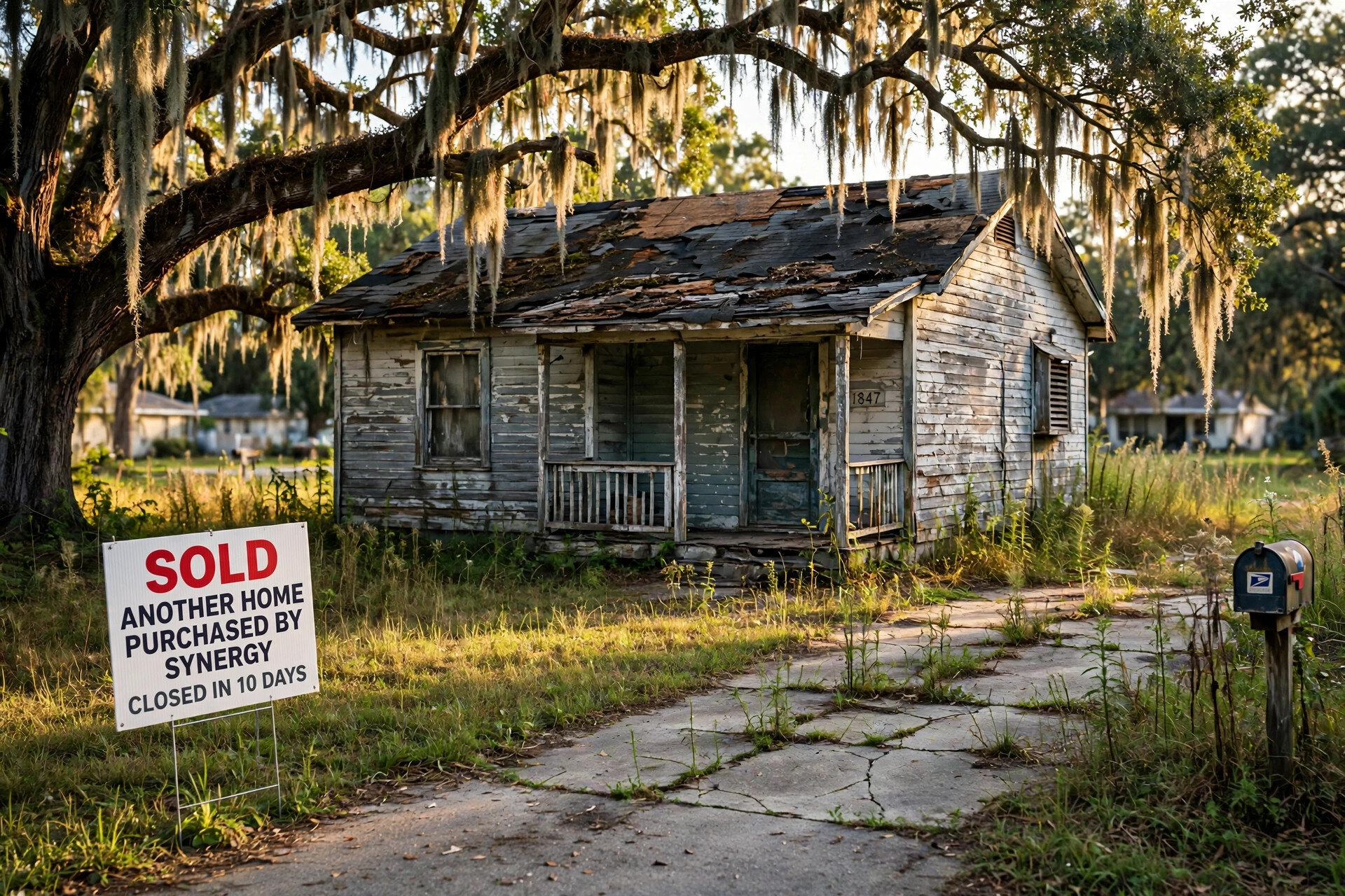 A distressed Jacksonville house with peeling paint and an overgrown yard under a live oak with Spanish moss