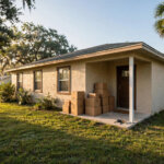 Stacked moving boxes and a set of house keys on the porch of a Jacksonville Florida home in morning light