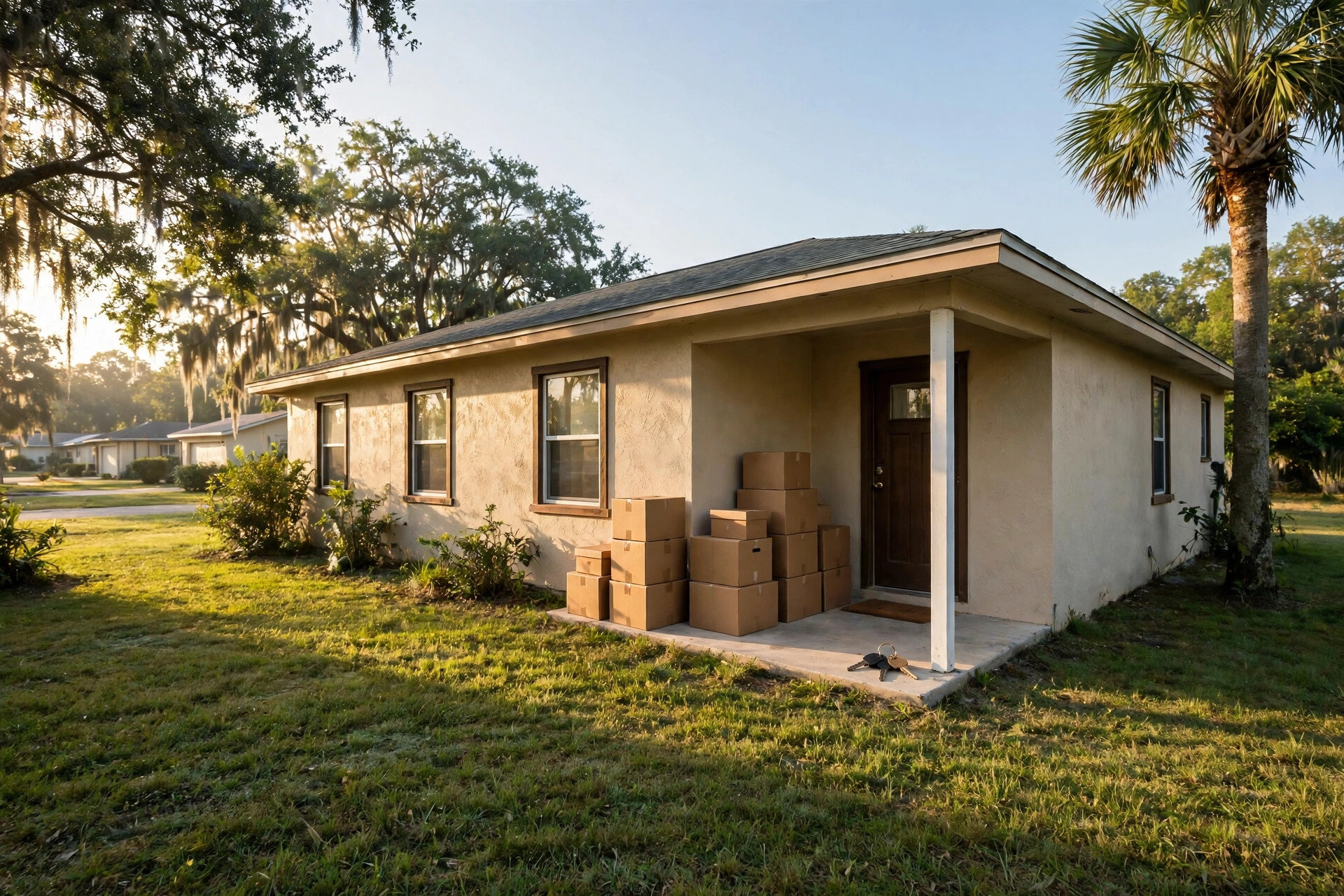 Stacked moving boxes and a set of house keys on the porch of a Jacksonville Florida home in morning light