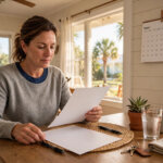 A Jacksonville homeowner reviewing a written cash offer at her kitchen table with a closing calendar on the wall