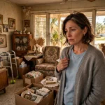 Overwhelmed heir standing in a cluttered inherited St. Johns County home full of boxes and belongings