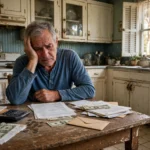 Stressed homeowner reviewing bills and a calculator at a worn kitchen table while calculating a cash offer