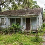 Distressed Jacksonville bungalow with peeling paint and overgrown yard, sold as-is