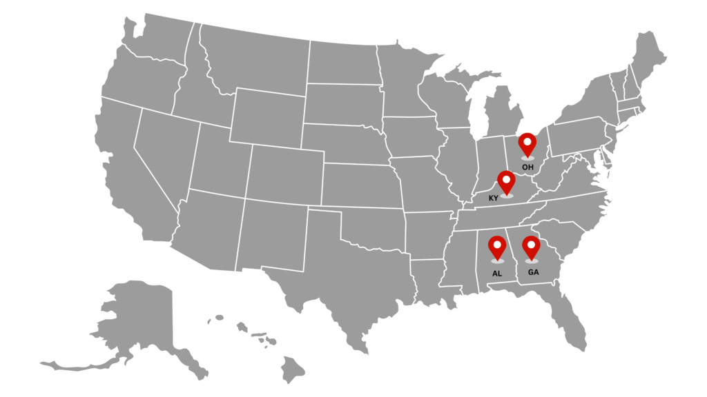 Map of United States, with Rapid Fire Home Buyer locations highlighted in Lexington Kentucky, Louisville Kentucky, Montgomery Alabama, Columbus Georgia and Cincinnati Ohio.