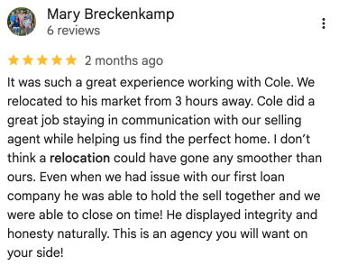 Google review from Mary Breckenkamp: Rorebeck Realty helped with a move from three hours away and resolved a lender issue to close on time.