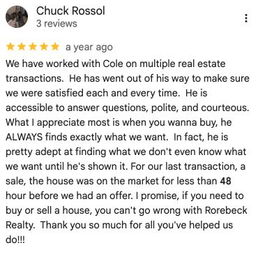 Google review from Chuck Rossol: repeat client praising the team’s responsiveness and an offer received within 48 hours.