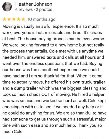 Google review from Heather Johnson: the team went above and beyond with moving help, a truck, trailers, and an extra helper.
