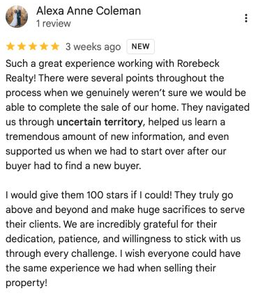 Google review from Alexa Anne Coleman: persistent support through setbacks while selling a home.