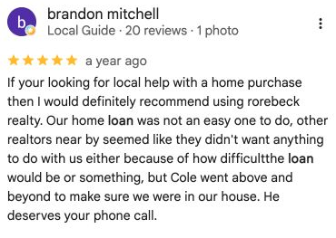Google review from Brandon Mitchell: help navigating a difficult home loan and purchasing a home.