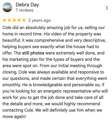 Google review from Debra Day: professional marketing, photos, video, communication, and a quick sale.