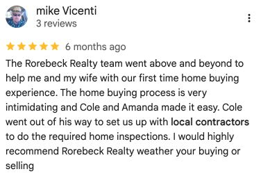 Google review from Mike Vicenti: Cole and Amanda helped first-time buyers with inspections and contractors.