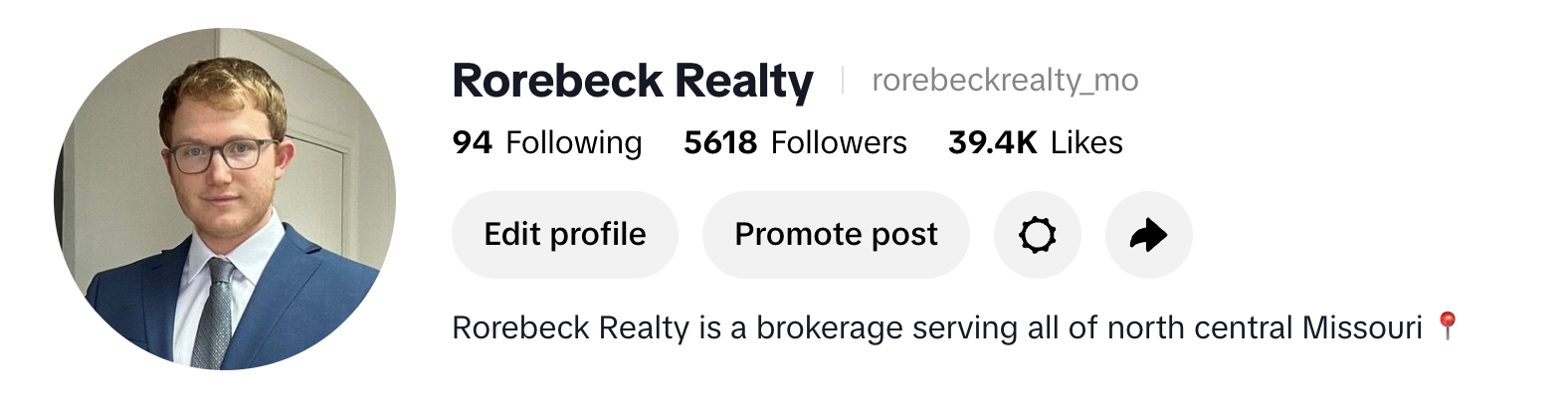 Rorebeck Realty TikTok profile showing 5,618 followers and 39.4K likes