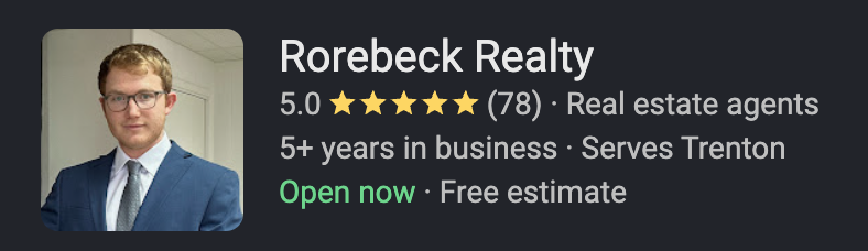 Rorebeck Realty Google page showing a 5.0-star rating from 78 reviews