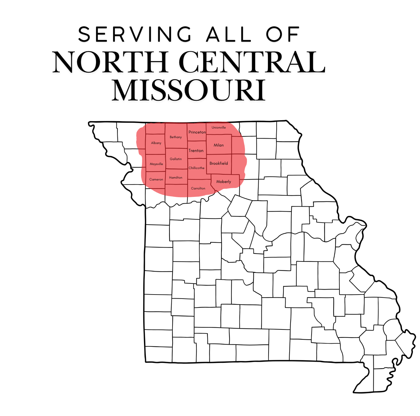 Serving all of North Central Missouri: a Missouri map highlighting the Rorebeck Realty service area.