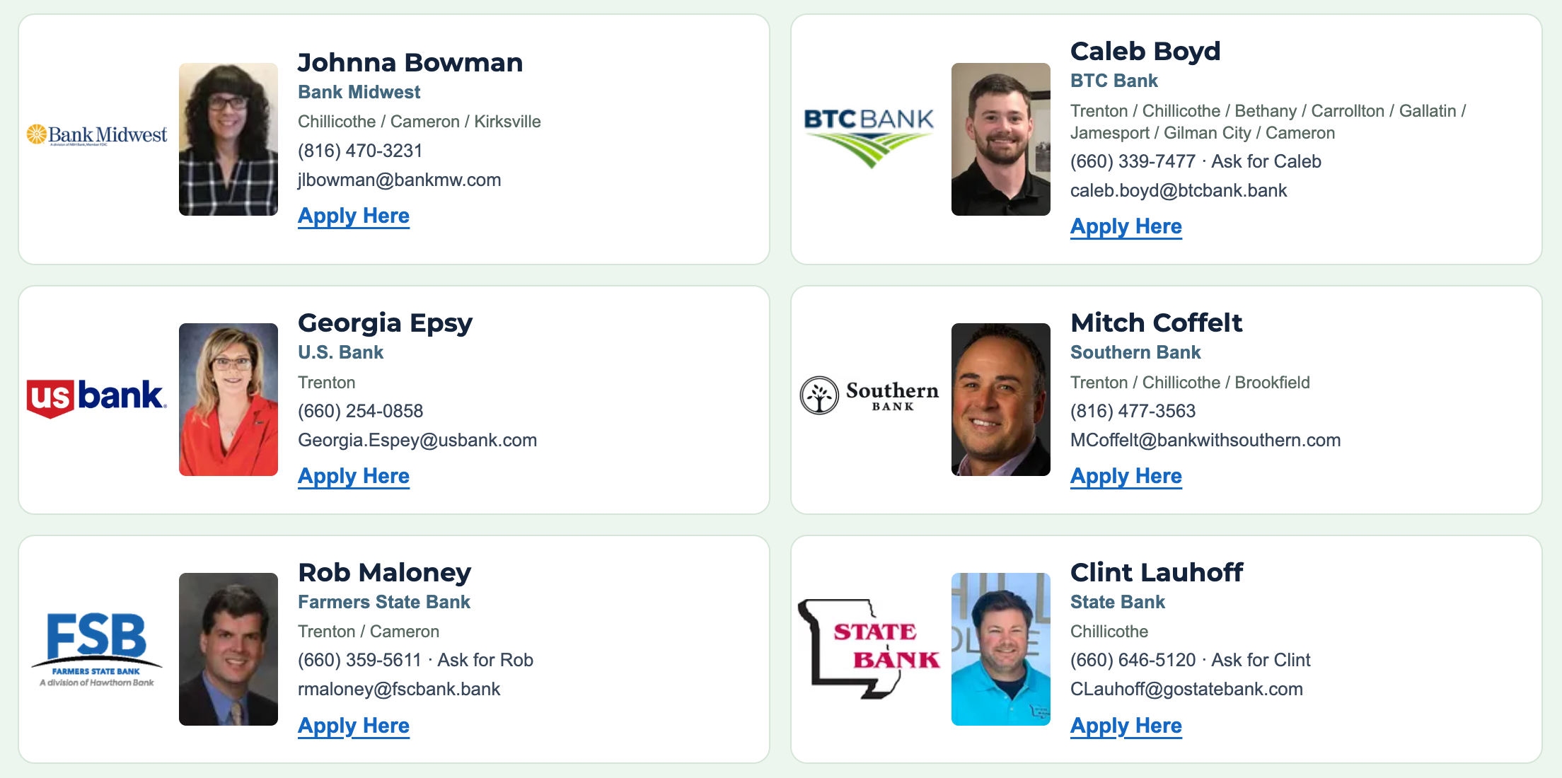 Preview of lender contact cards for Bank Midwest, BTC Bank, U.S. Bank, Southern Bank, Farmers State Bank, and State Bank