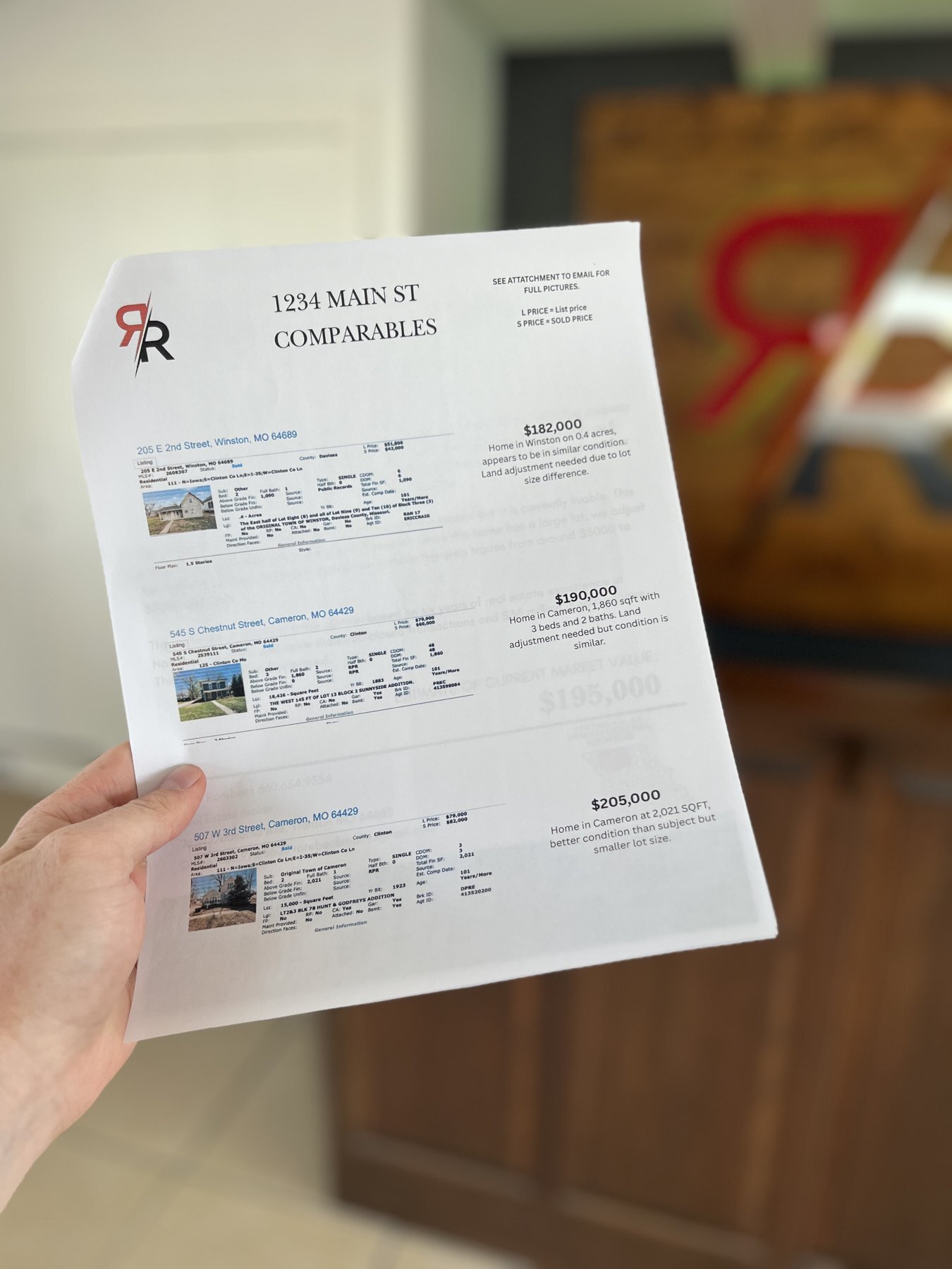 Sample price report page showing comparable properties