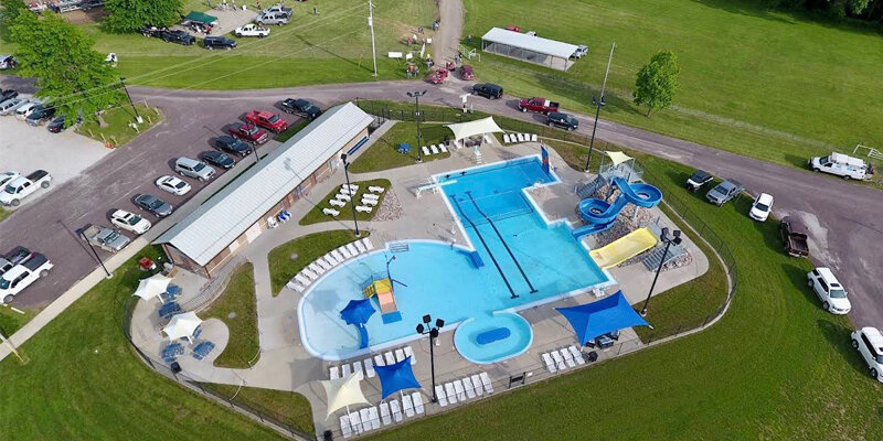 Aerial view of Brookfield aquatic center with pools and water slides