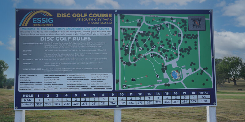 Disc golf course map at South City Park in Brookfield