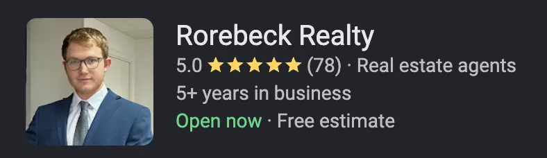 Rorebeck Realty Google page showing a 5.0-star rating from 78 reviews