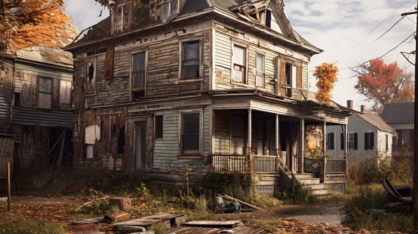 A rundown house in need of renovations, with peeling paint, broken windows, and cluttered surroundings.