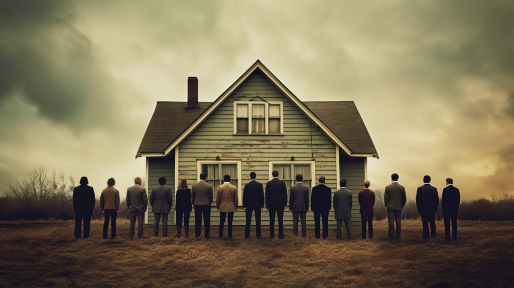A group of investors standing outside a house, actively engaged in discussions and evaluating a foreclosure property for potential purchase. They are seen analyzing the property's exterior features, such as its condition, location, and investment potential. The image represents the competitive nature of investing in foreclosed homes and the collaborative decision-making process among investors.