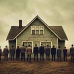 A group of investors standing outside a house, actively engaged in discussions and evaluating a foreclosure property for potential purchase. They are seen analyzing the property's exterior features, such as its condition, location, and investment potential. The image represents the competitive nature of investing in foreclosed homes and the collaborative decision-making process among investors.