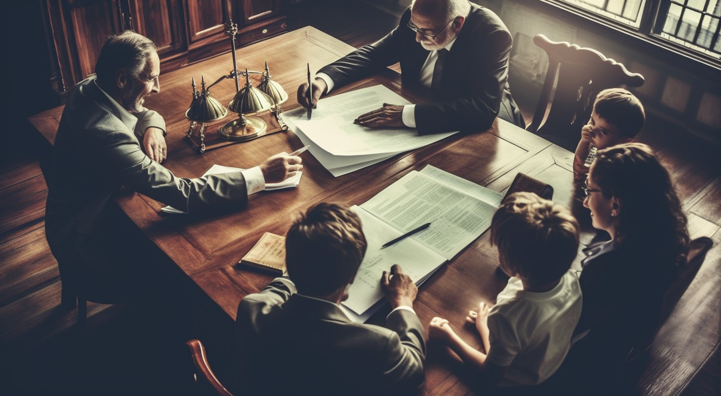 Family members gathered around a table, engaged in a serious discussion about inherited real estate, with legal documents and a shared sense of determination.