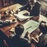Family members gathered around a table, engaged in a serious discussion about inherited real estate, with legal documents and a shared sense of determination.