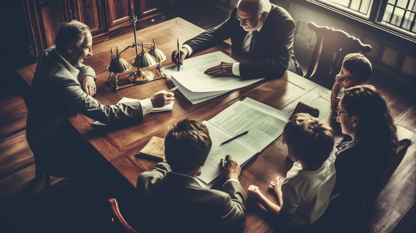 Family members gathered around a table, engaged in a serious discussion about inherited real estate, with legal documents and a shared sense of determination.